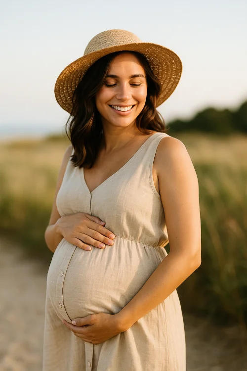 Femme enceinte souriante en été — illustration boladegrossesse.fr